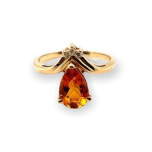 14k Yellow Gold Diamond & Pear Cut Citrine Statement Estate Ring - solid gold